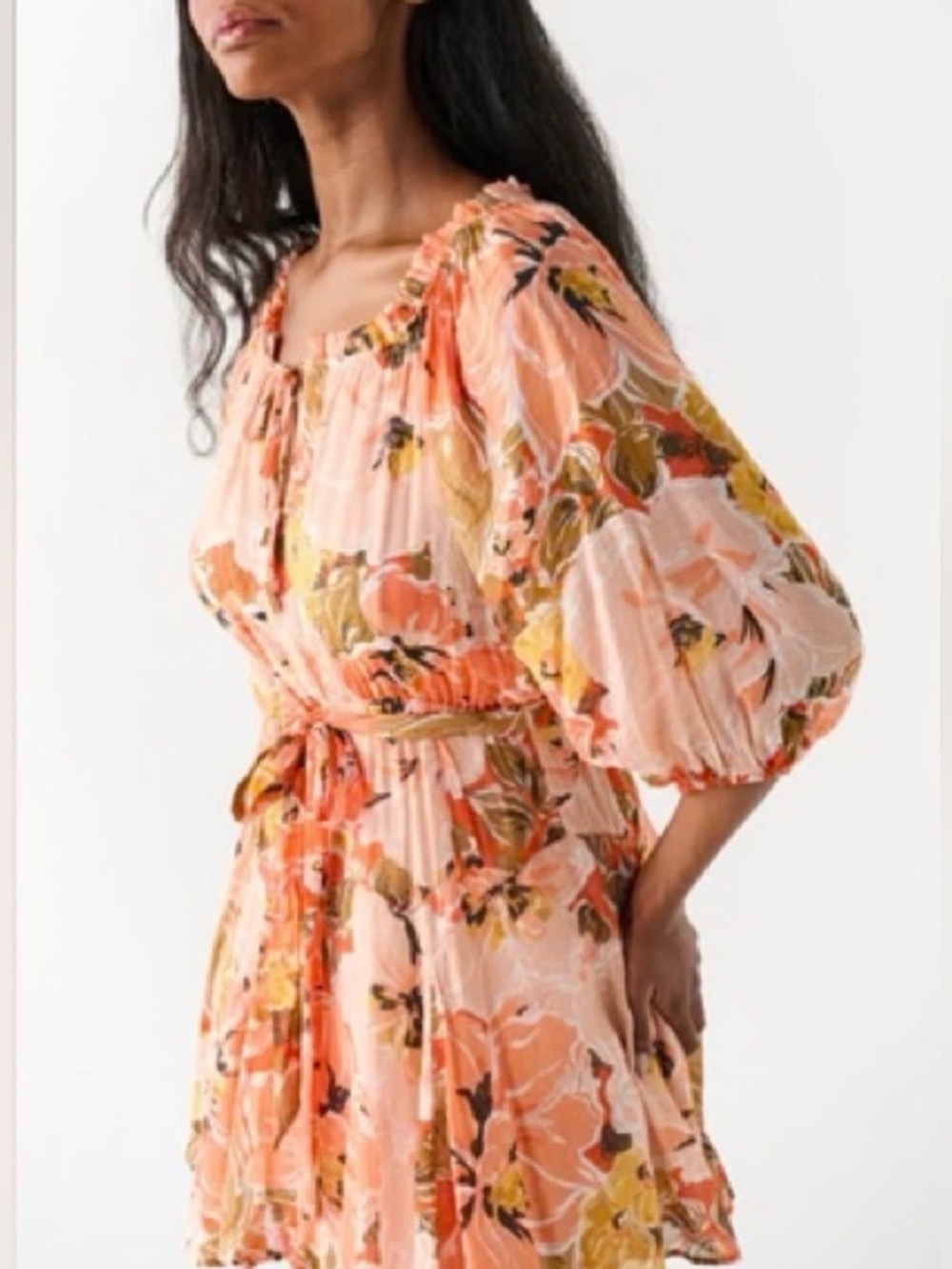 MINKPINK Peach Floral Puff-Sleeve Midi Dress